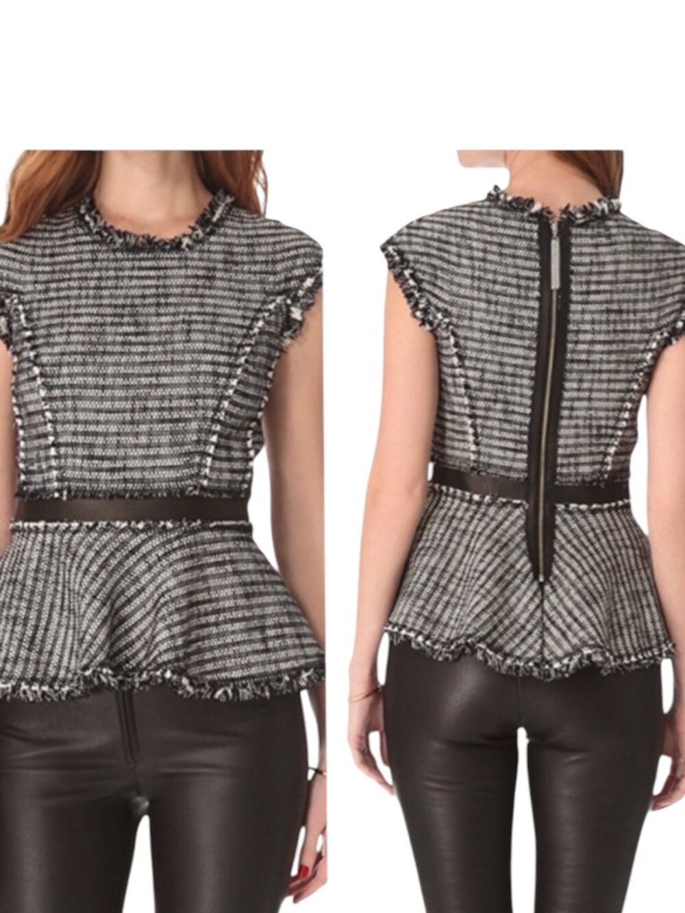 Rebecca Taylor Tweed Leather Peplum Top Blouse Shirt Zip Back Black White 10
